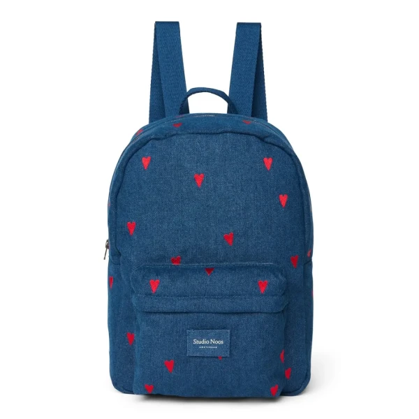 STUDIO NOOS - Denim Midi BACKPACK - batôžtek Dark Blue Red Hearts