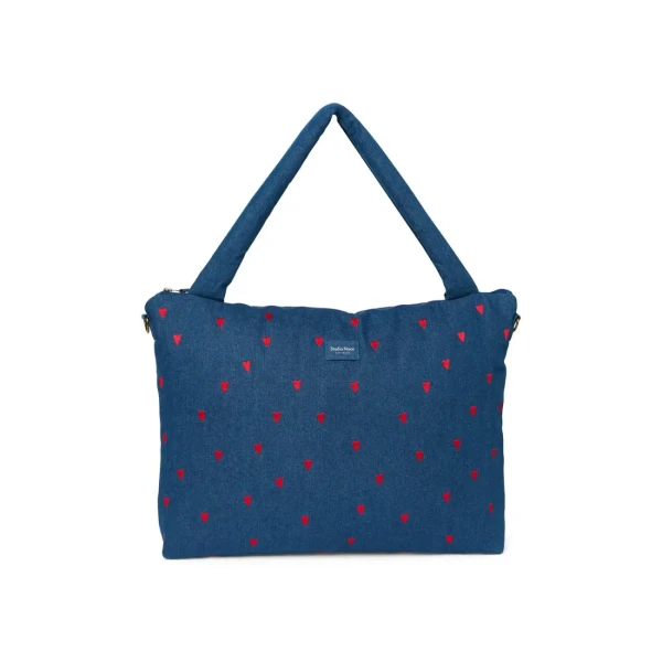 STUDIO NOOS - Denim DIAPER BAG - prebaľovacia taška Dark Blue Red Hearts