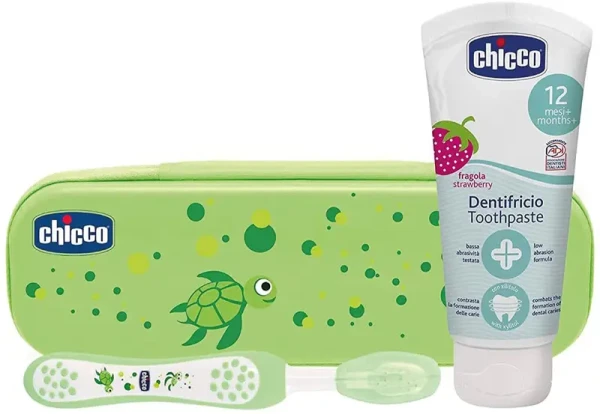 CHICCO Set zubná kefka s puzdrom+pasta Always Smiling zelená 12m+
