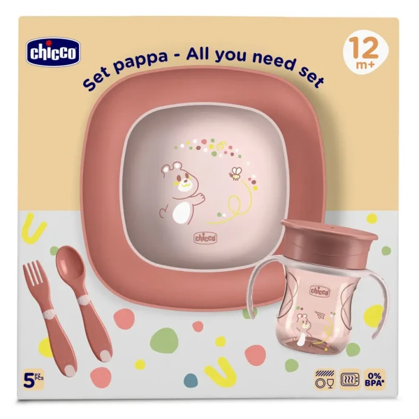 CHICCO Set jídelní - miska, talíř, láhev a příbor pink 12m+
