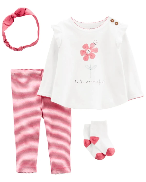 CARTER'S Set 4dielny tričko dl. rukáv, legíny, ponožky, čelenka Flower dievča LBB PRE, veľ. 46
