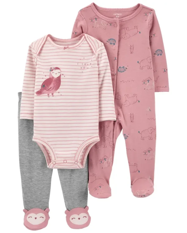 CARTER'S Set 3dielny overal, polodupačky, body dl. rukáv Pink Owl dievča NB/ veľ. 56
