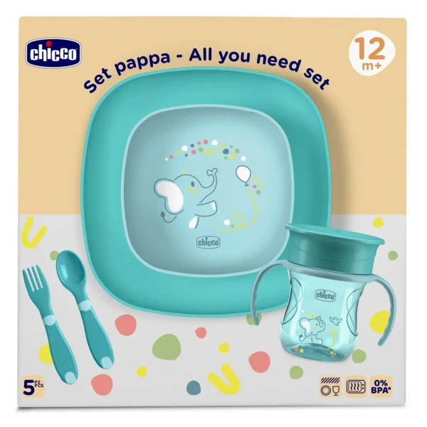 CHICCO Set jídelní - miska, talíř, láhev a příbor blue 12m+