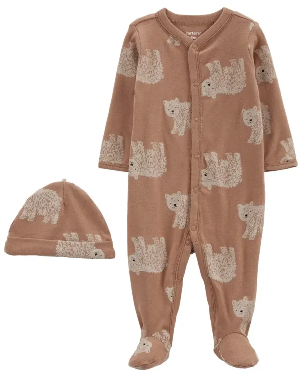 CARTER'S Set 2dielny overal na cvoky, čiapka Brown Bear chlapec LBB PRE /veľ.46