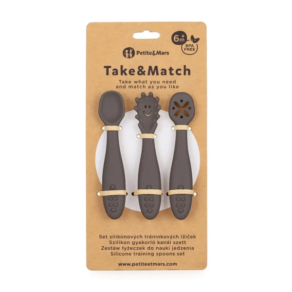 PETITE&MARS Set 3 ks silikónových tréningových lyžičiek Take&Match Bitter Cocoa 6m+