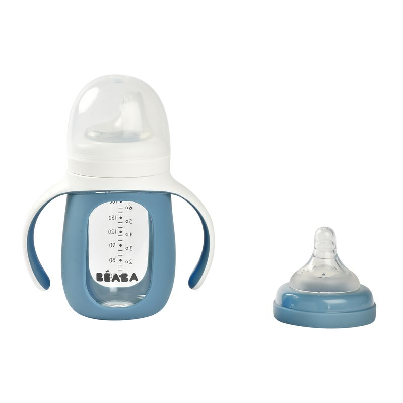 Beaba Dojčenská fľaša sklenená 2v1 210ml so silikónovou ochranou Blue