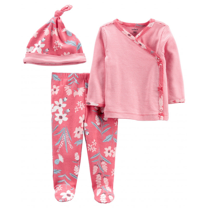 CARTER'S Set 3dielny polodupačky, tričko dl. rukáv zavinovacie, čiapka Pink Flower dievča LBB NB, ve