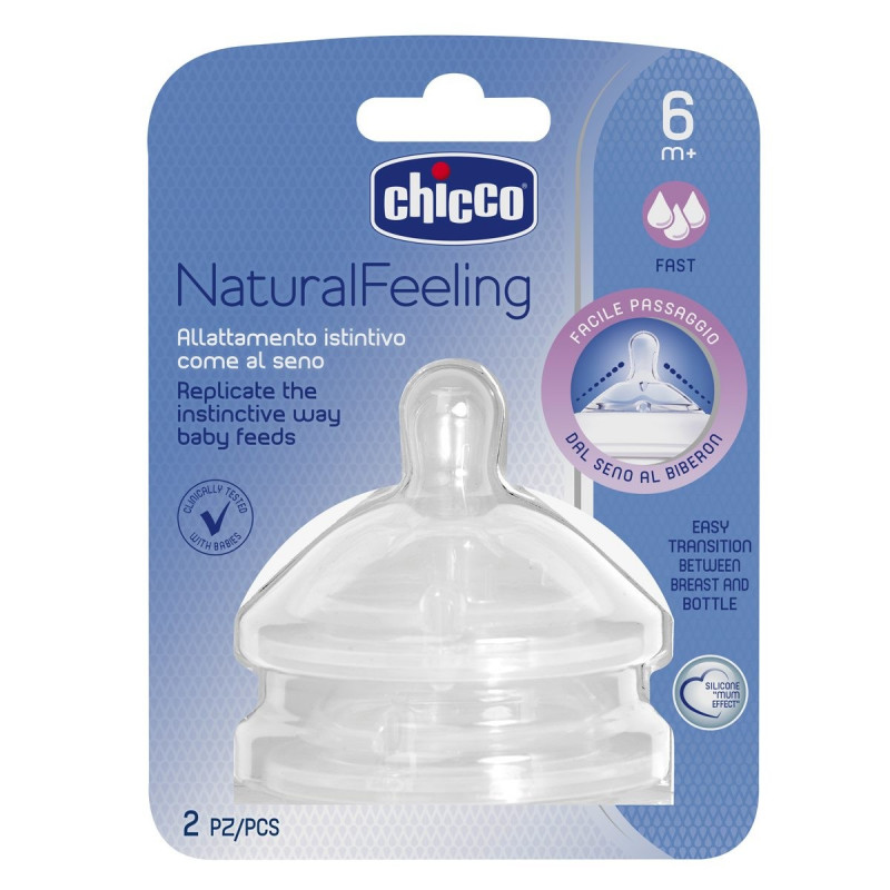 CHICCO Cumlík na fľašu Natural Feeling silikón, rýchly prietok 2 ks, 6m+