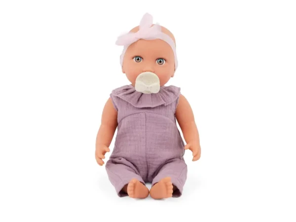 LullaBaby Bábika 35 cm v overale s čelenkou Lila