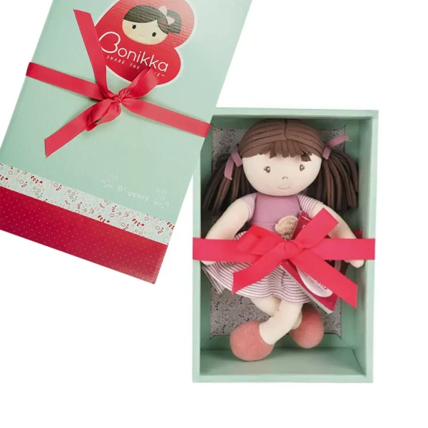 Bonikka All Natural látková bábika v darčekovom balení, malá Brook ružové šaty