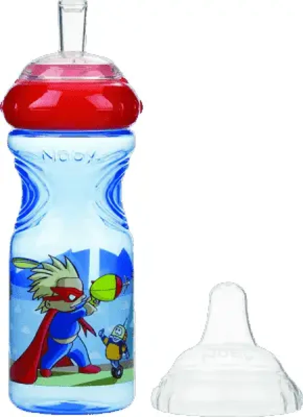 NUBY Netečúca fľaša so silikónovým náustkom 300 ml, 9 m +, modrá s červeným viečkom – superhrdina