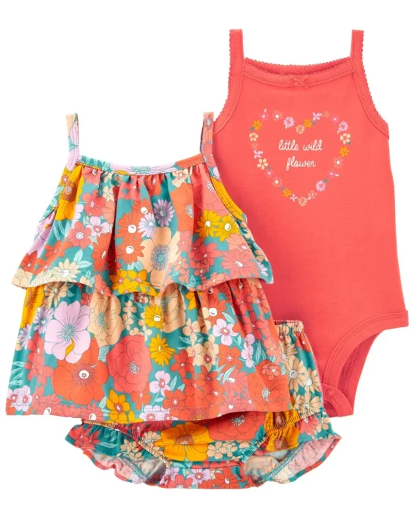 CARTER'S Set 3dielny tričko na ramienka, body na ramienka, kraťasy Orange Flowers dievča 12m