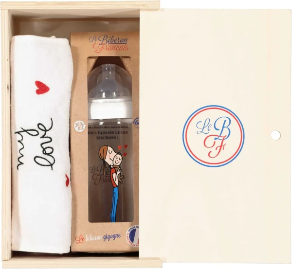 LE BIBERON FRANCAIS DARČEKOVÝ DREVENÝ BOX LE BIBERON FRANCAIS S PODBRADNÍKOM MY LOVE A DOJČENSKOU FĽAŠOU MOTHER BABY, 360ML, 6+M