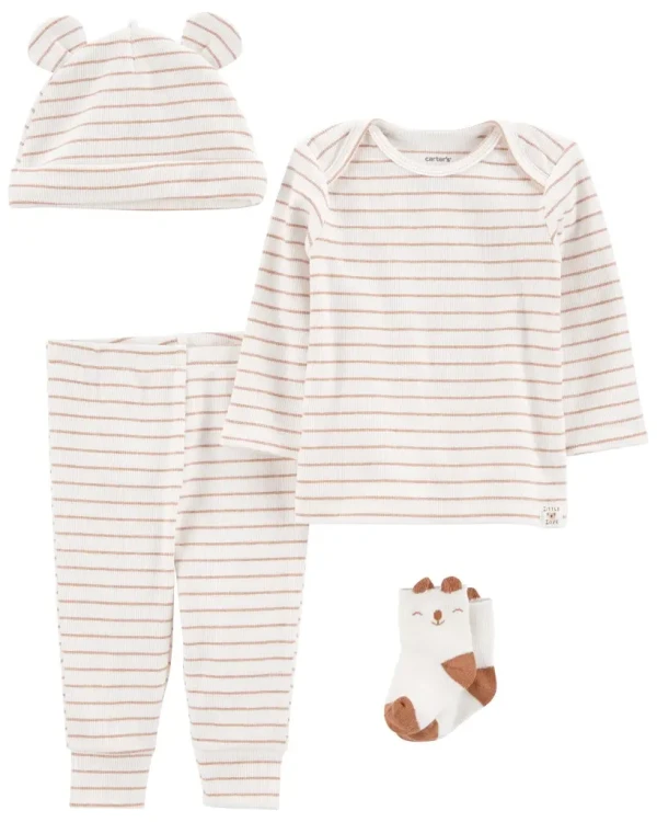 CARTER'S Set 4dielny tričko dl. rukáv, tepláky, čiapka, ponožky Brown Stripes neutrál 3m