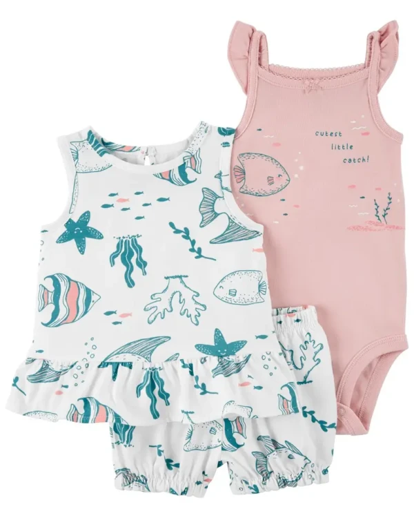 CARTER'S Set 3dielny tričko bez rukávov, kraťasy, body bez rukávov Pink Ocean dievča LBB 12m