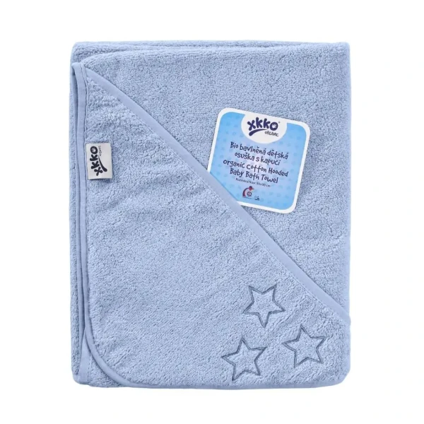 XKKO Organic BIO Bavlnená froté osuška s kapucňou 90x90 - Baby Blue Stars