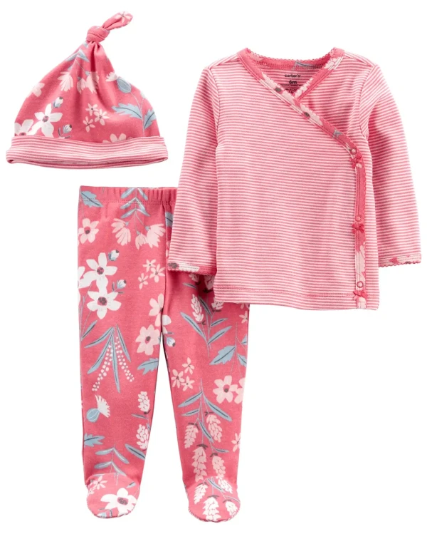 CARTER'S Set 3dielny polodupačky, tričko dl. rukáv zavinovacie, čiapka Pink Flower dievča LBB PRE, v