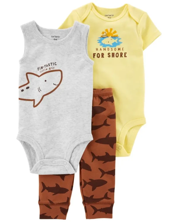 CARTER'S Set 3dielny tepláky, body kr. rukáv, body bez rukávov Brown Shark chlapec 12m