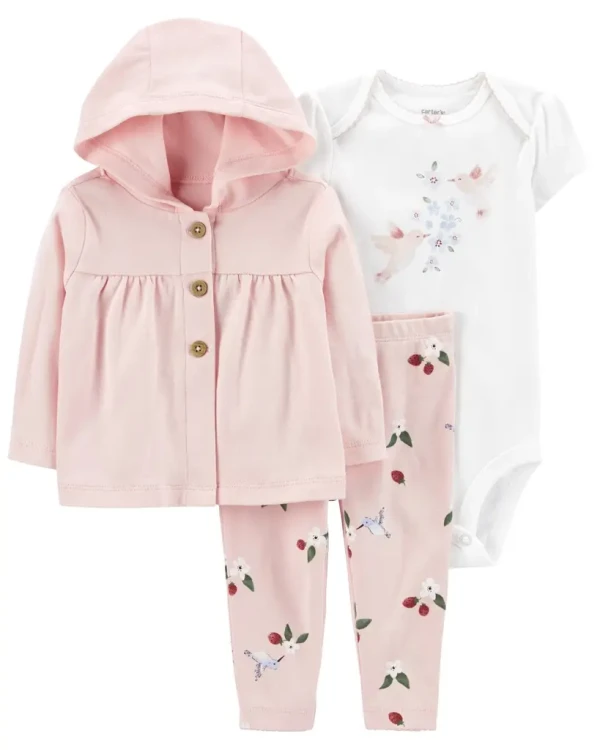 CARTER'S Set 3dielny body kr. rukáv, kardigán, legíny Pink Hummingbird dievča 3m