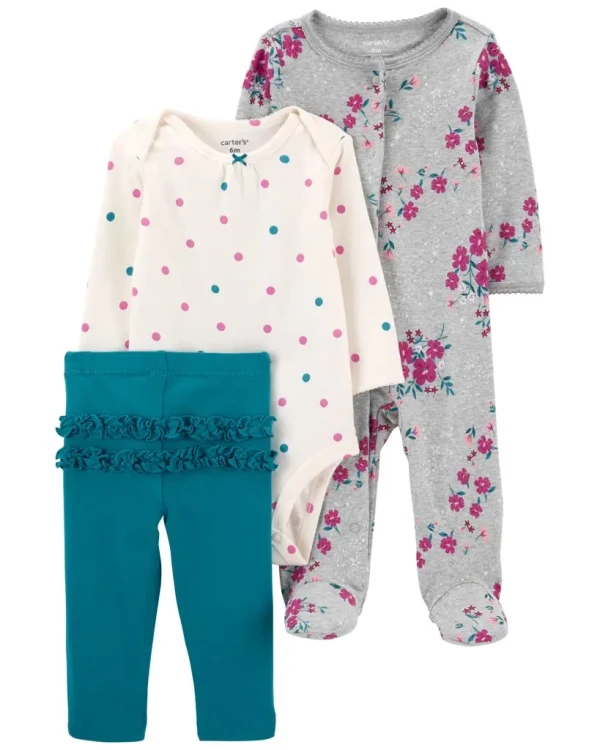 CARTER'S Set 3dielny overal, legíny, body dl. rukáv Grey Floral NB/ veľ. 56