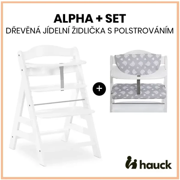 Hauck Alpha+ set 2v1 drevená stolička, white + poťah Teddy grey