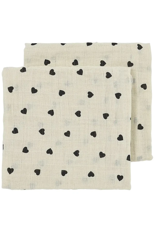 Meyco Mušelínové plienky Sweet heart 70x70 cm 2-balení - Soft sand/black