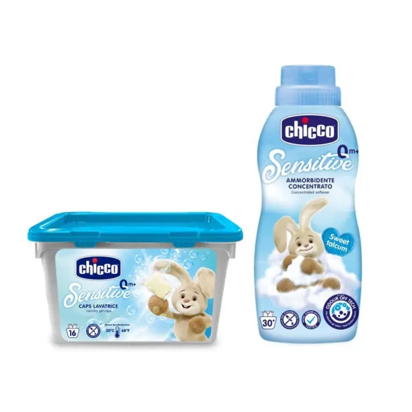 CHICCO Kapsuly pracie gélové Sensitive 16 ks + Aviváž konc. Sladký Púder 750 ml