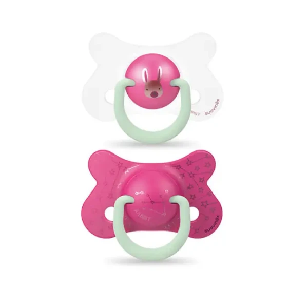 SUAVINEX  Cumlík DEŇ&NOC fyziologické silikón 4-18m 2ks - ružový králik