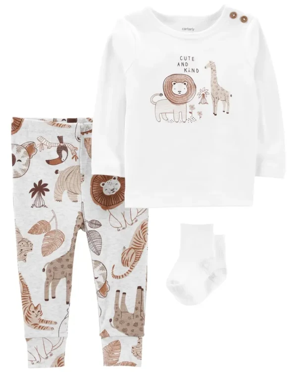CARTER'S Set 3dielny tričko kr. rukáv, tepláky, ponožky White Safari neutrál 9m