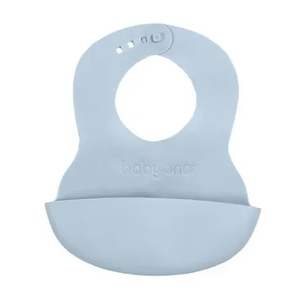 BABYONO Podbradník mäkký plastový s vreckom bez BPA blue 6m+