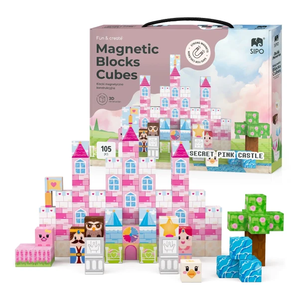 Sipo Magnetická stavebnica CUBES – 105 dielov, KÚZELNÝ RUŽOVÝ ZÁMOK