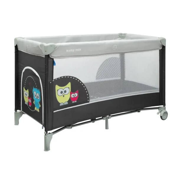 BABY MIX Detská cestovná postieľka Sova tmavo sivá