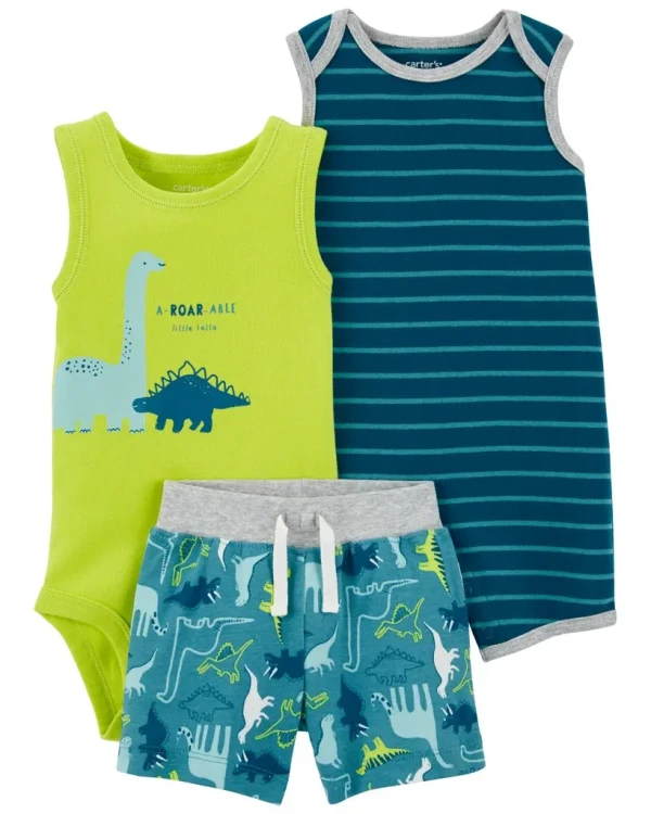 CARTER'S Set 3dielny overal letný kr. rukáv, body bez rukávov, kraťasy Stripes Dinos chlapec 12m