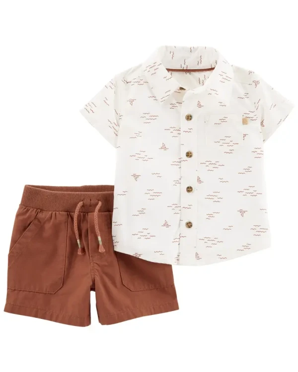 CARTERS Set 2dielny košeľa kr. rukáv, kraťasy Ivory Brown chlapec 18m