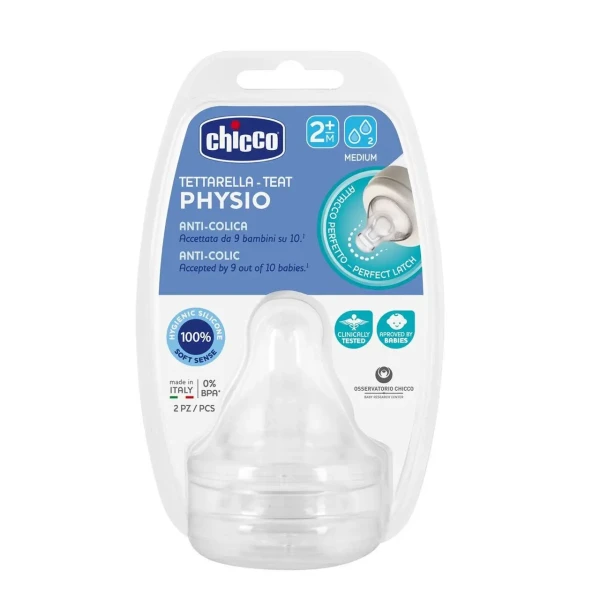 CHICCO Cumlík na fľašu Perfect 5 fyziologický silikón, stredný prietok 2 m+, 2 ks