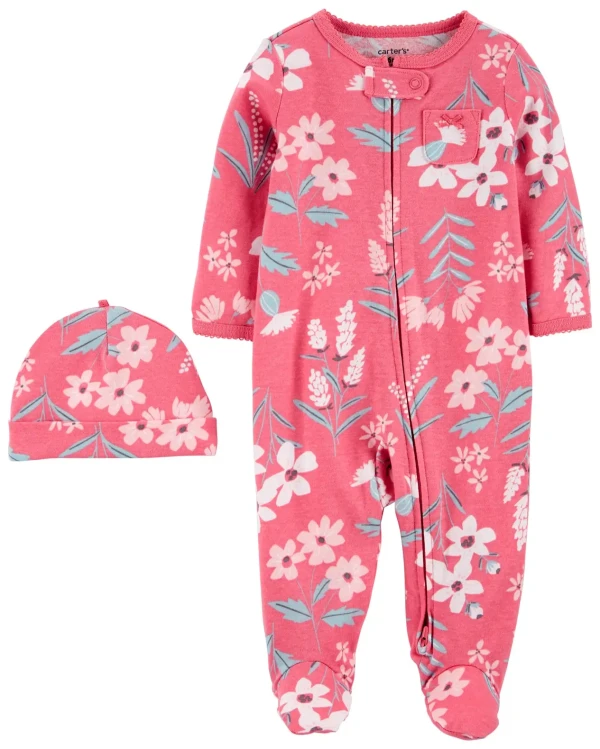CARTER'S Set 2dielny overal na zips Sleep&Plays, čiapka Flowers dievča LBB NB/ veľ. 56