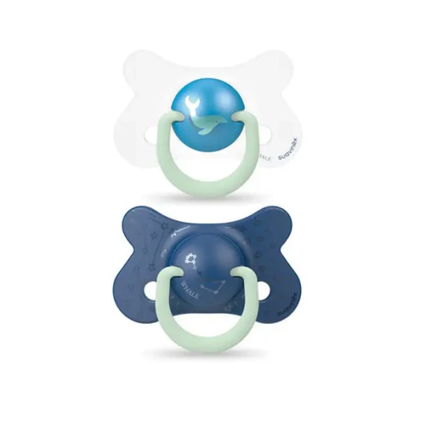 SUAVINEX  Cumlík DEŇ&NOC fyziologické silikon 4-18m 2ks - modrá veľryba