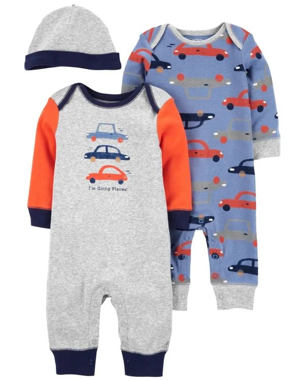 CARTER'S Set 3dielny overal na cvoky bez nožičiek 2ks, čiapka Cars chlapec LBB 6m, veľ. 68