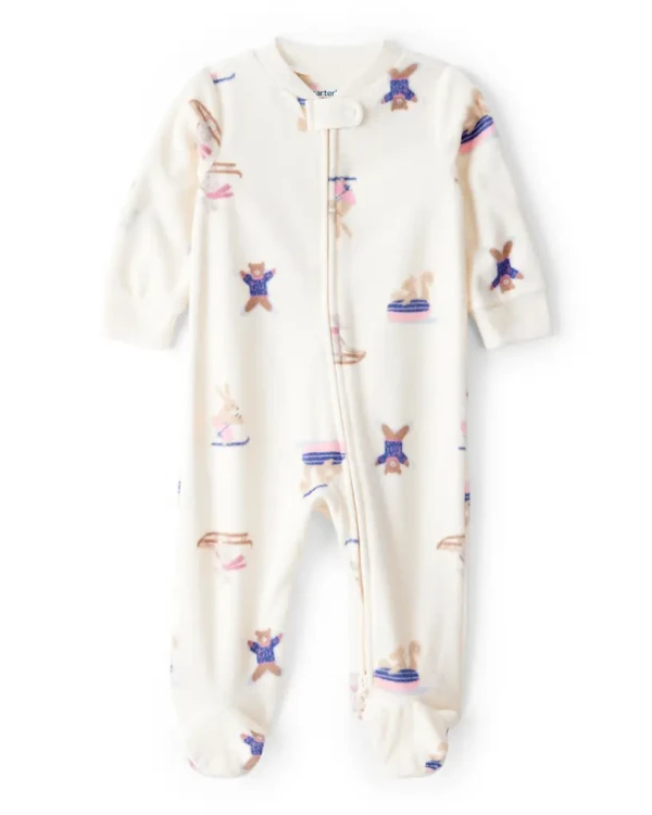 CARTER'S Overal na zip fleece Sleep & Play ivory Animal ski dívka NB/vel.56