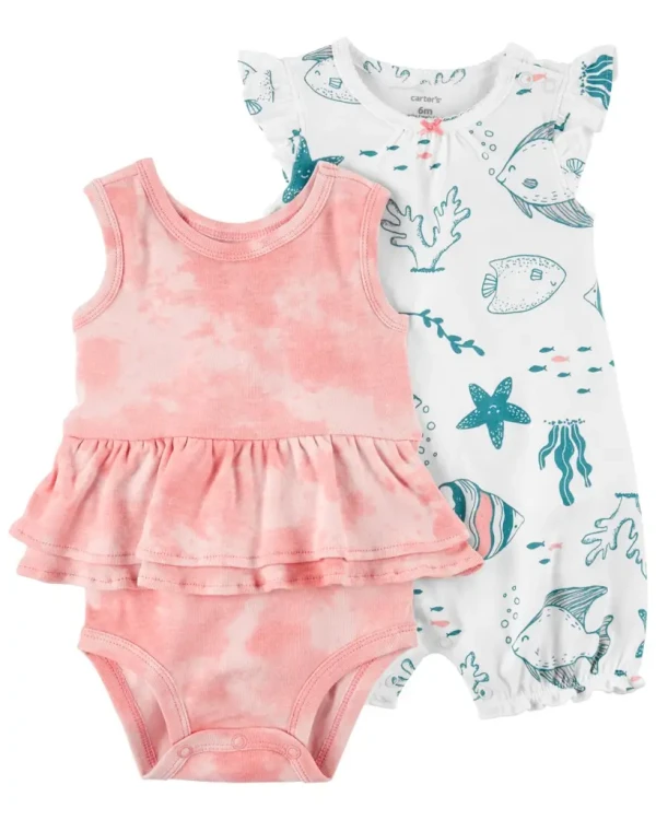 CARTER'S Set 2dielny body bez rukávov, overal letný kr. rukáv Ivory Ocean dievča LBB 6m