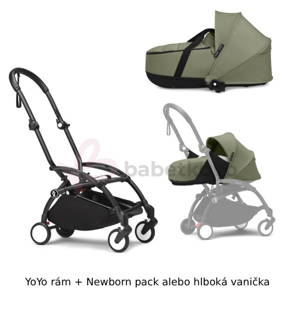 STOKKE® YOYO³ Rám Black + Newborn pack alebo vanička 0+ Olive