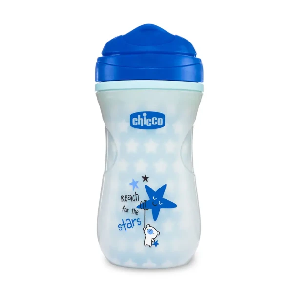 CHICCO Hrnček Shiny termo floureskujúci s tvrdým náustkom 200 ml, modrý 12m+