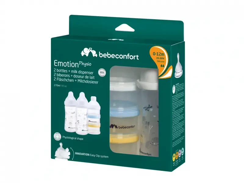 Bebeconfort Sada dojčenských fliaš Emotion Physio 270ml 0-12m + White 2 ks + dávkovač