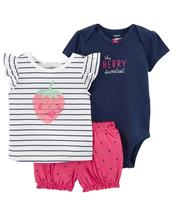 CARTER'S Set 3dielny body kr. rukáv, tričko kr. rukáv, kraťasy Strawberry Stripes dievča 6m