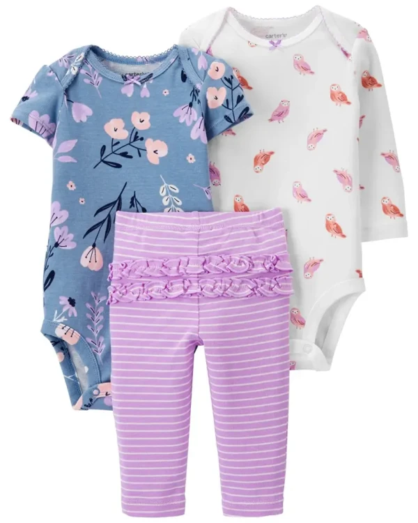 CARTER'S Set 3dielny body dl. rukáv, body kr. rukáv, legíny Purple Flora dievča LBB NB/ veľ. 56