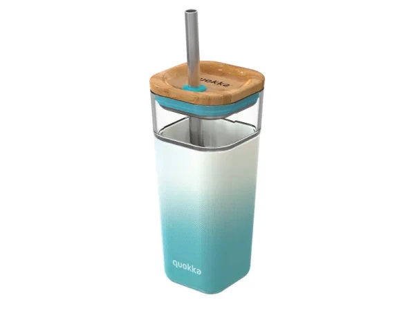 Quokka Sklenený cestovný hrnček so slamkou Liquid Cube Teal Gradient 540 ml