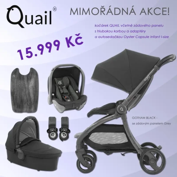 EGG Quail kočík 2019 + vanička + adaptéry + autosedačka, Gotham Black/ Grey