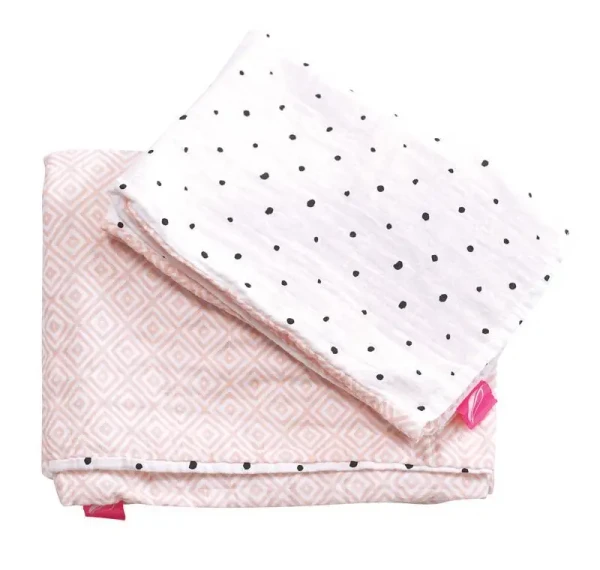 MOTHERHOOD Obliečky bavlnené mušelínové do postieľky Pre-Washed Pink Squares 2-dielne