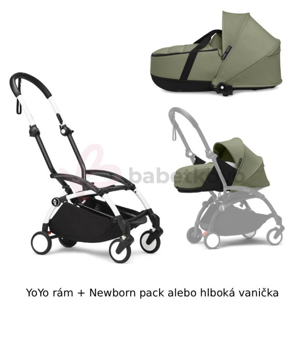 STOKKE® YOYO³ Rám White + Newborn pack alebo vanička 0+ Olive
