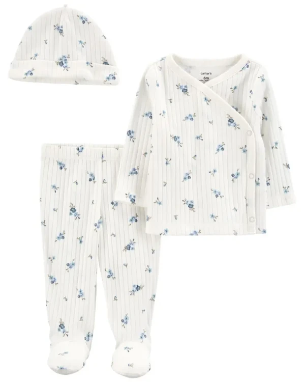 CARTER'S Set 3dielny tričko dl. rukáv, polodupačky, čiapka Blue Flowers dievča 3m